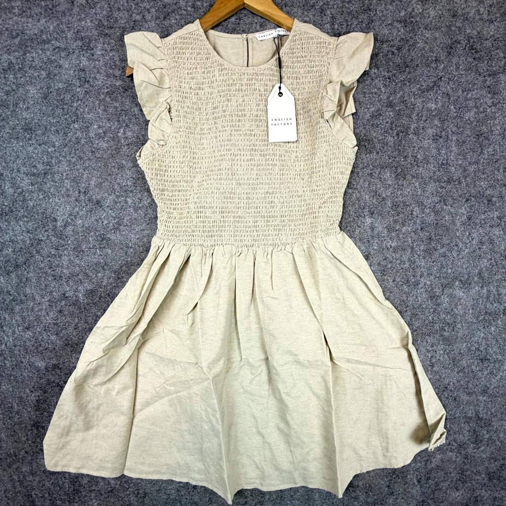 English Factory Mini Dress Womens Medium Beige Smocked Ruffle Neutral Minimalist